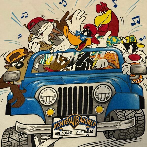 Vintage 90s Looney Tunes Characters in Jeep Movie World Australia 1997 Shirt Med - Picture 3 of 8